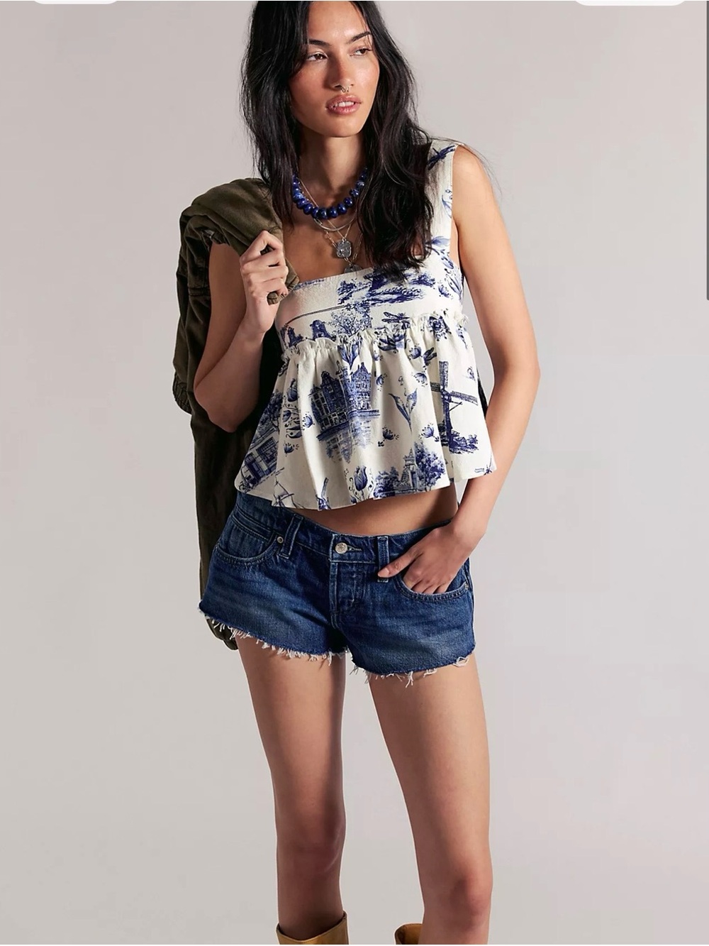 Free People Romy Babydoll Blouse Blue Toile Print Crop Top Size Small